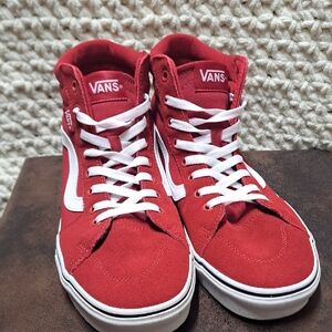 Vans Red and White High-Top Sneakers